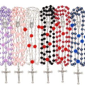 Catholic Rosary Beads Women Pearl Necklace with Jesus Cross First Communion Gift